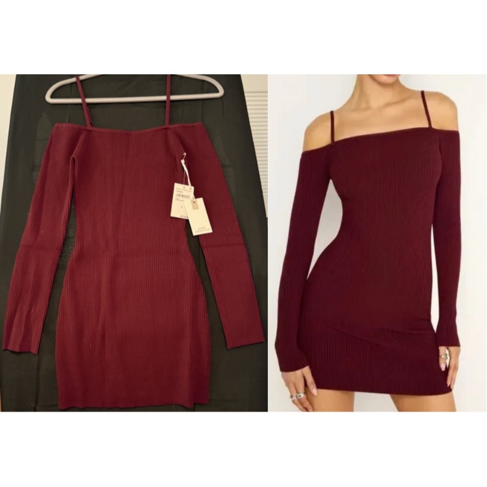 Good American M Cold Shoulder Sweater Dress NWT Oxblood Red Ribbed $179 Bodycon